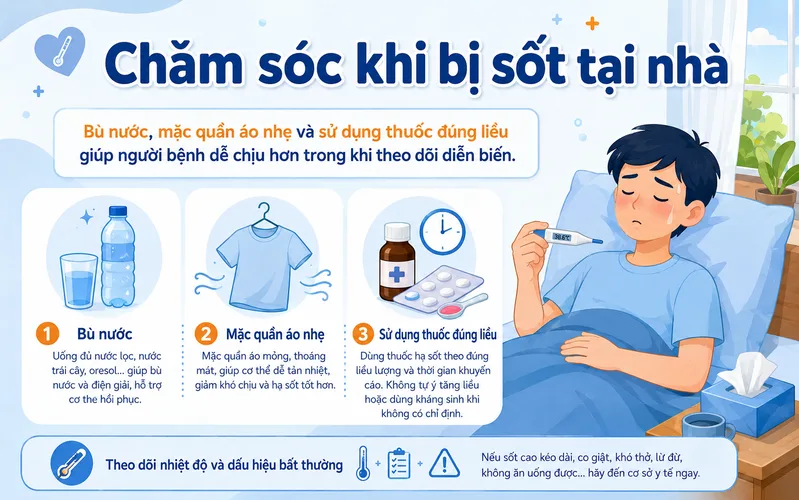 Bù nước, mặc quần áo nhẹ và sử dụng thuốc đúng liều giúp người bệnh dễ chịu hơn trong khi theo dõi diễn biến.
