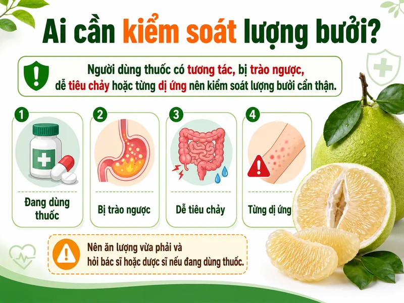 Người dùng thuốc có tương tác, bị trào ngược, dễ tiêu chảy hoặc từng dị ứng nên kiểm soát lượng bưởi cẩn thận